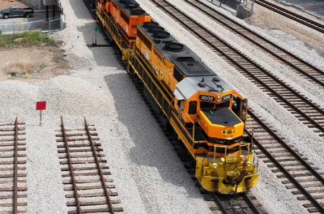 Aerial view of a train pulling freight cars 