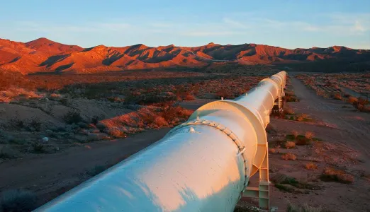 Oil pipeline in a desert landscape at golden hour