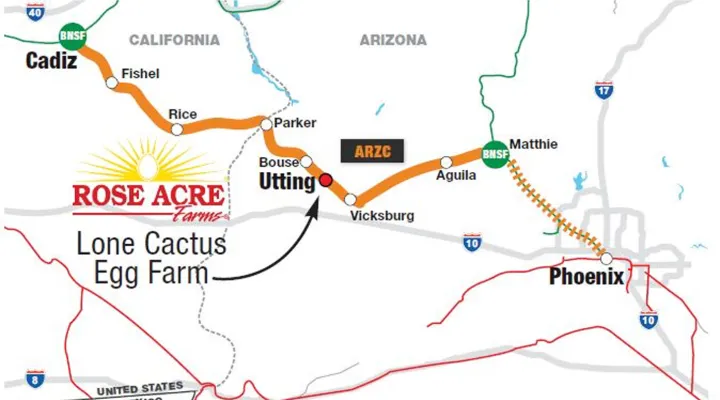 ARZC railroad route map with Rose Acre Farm Lone Cactus Egg Farm specifically labeled in Utting