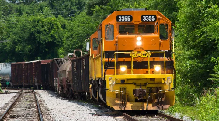 Train pulling freight railcars on a track with a forest in the background