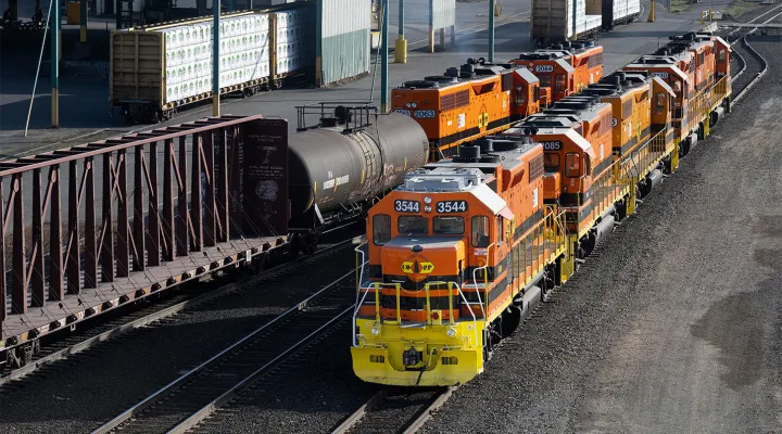Train on a track in a railroad yard