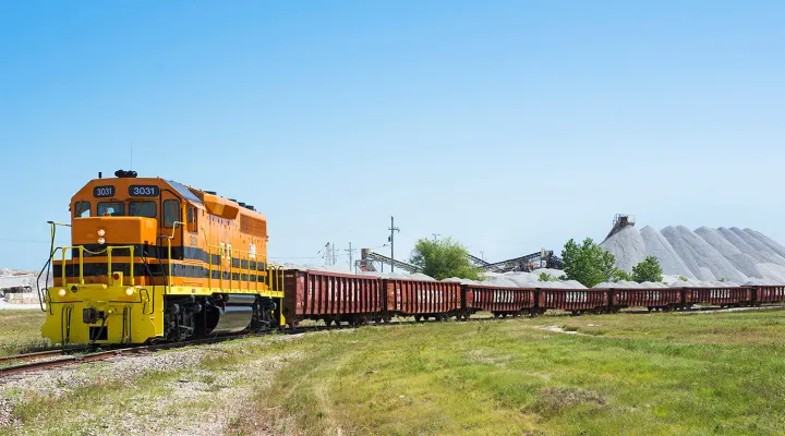 Train pulling freight railcars with grass in the foreground and a blue sky in the background